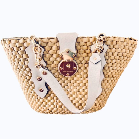 Michael Kors White Leather Santorini Raffia Large Straw Woven Tote Bag. - Picture 4 of 16